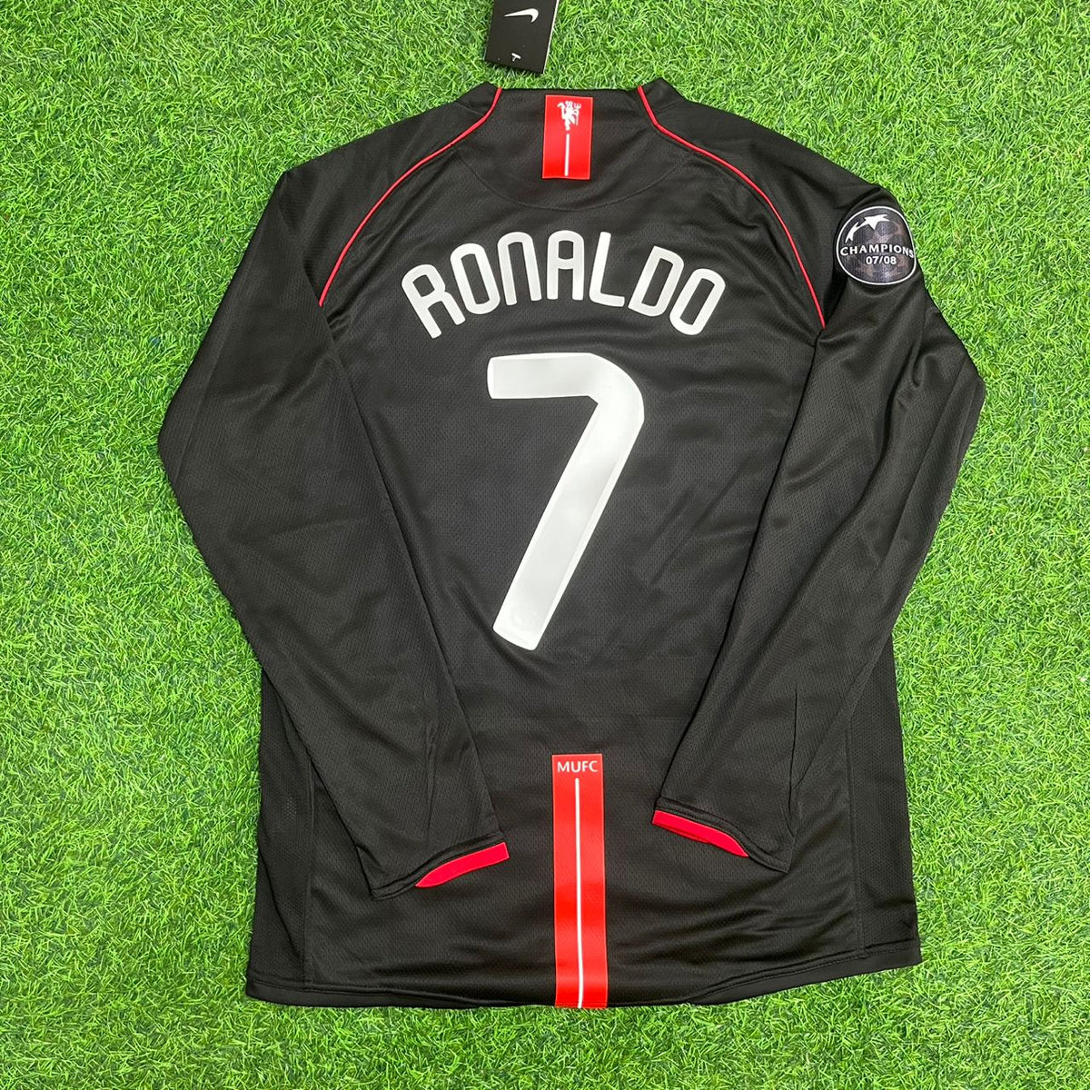 Cristiano Ronaldo Manchester United 2007/2008 CL Patch Black KIDS Retro Football Jersey Kit