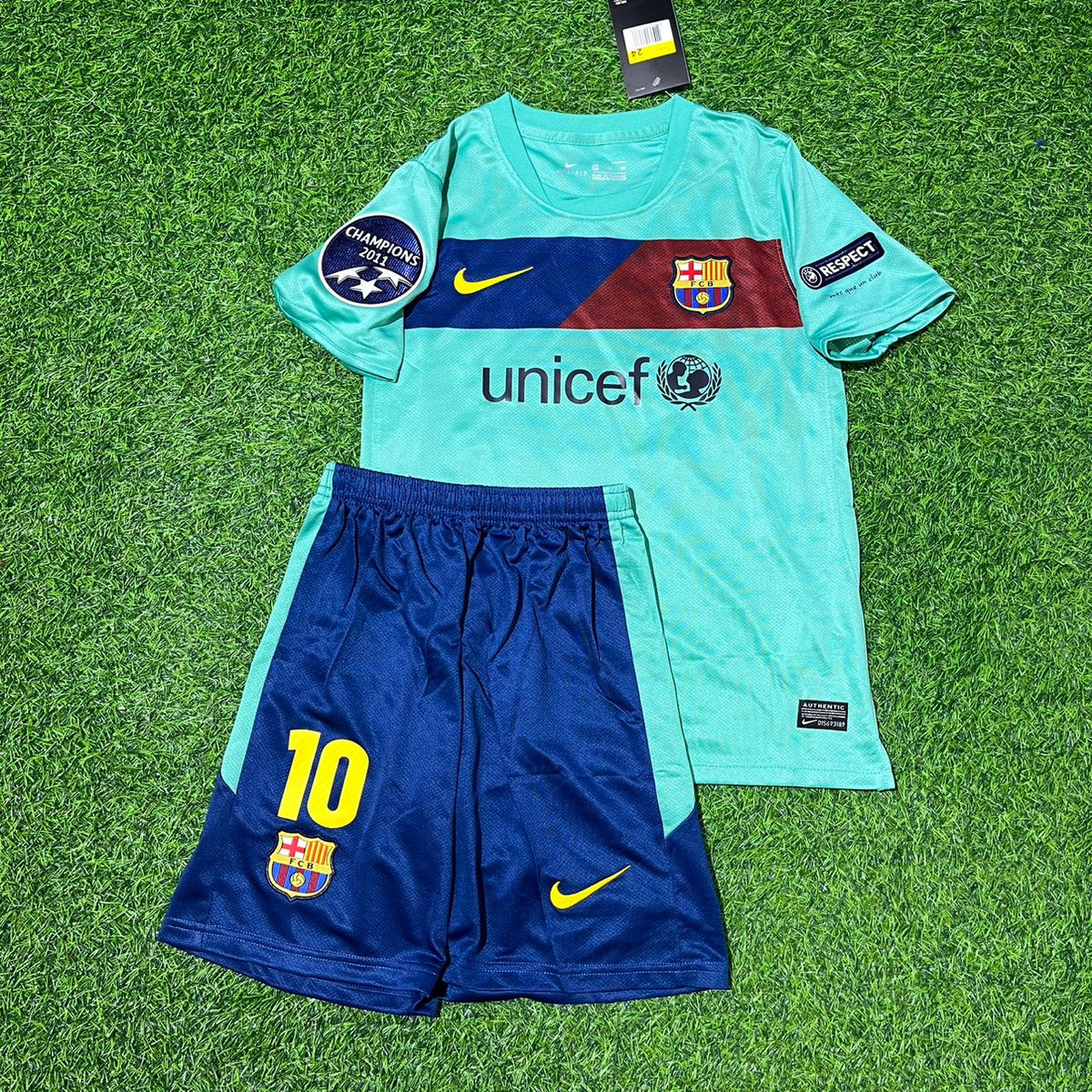 Maillot de football rétro enfant Lionel Messi Barcelone 2011/12 Domicile Bleu et Rouge