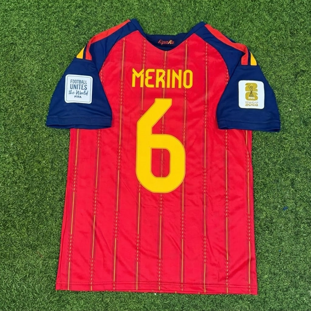 Mikel Merino #6 Espagne Deux Étoiles Vainqueurs Coupe du Monde 2026 Maillot Domicile