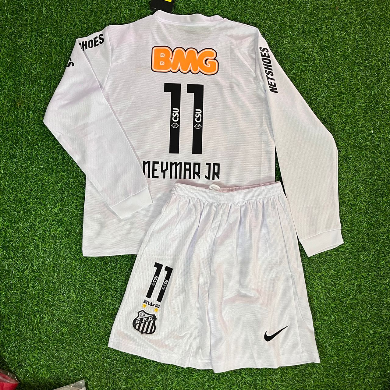 Neymar Jr Santos FC 2013 White Long Sleeve Kids Retro Football Jersey Set Soccer Shirt