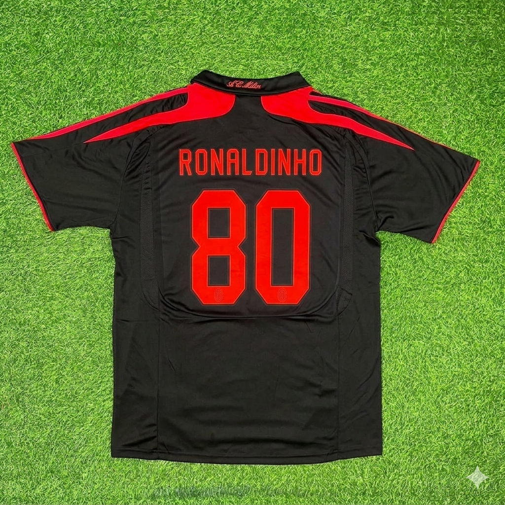 Camiseta de fútbol retro negra de Ronaldinho con el AC Milan, tercera equipación