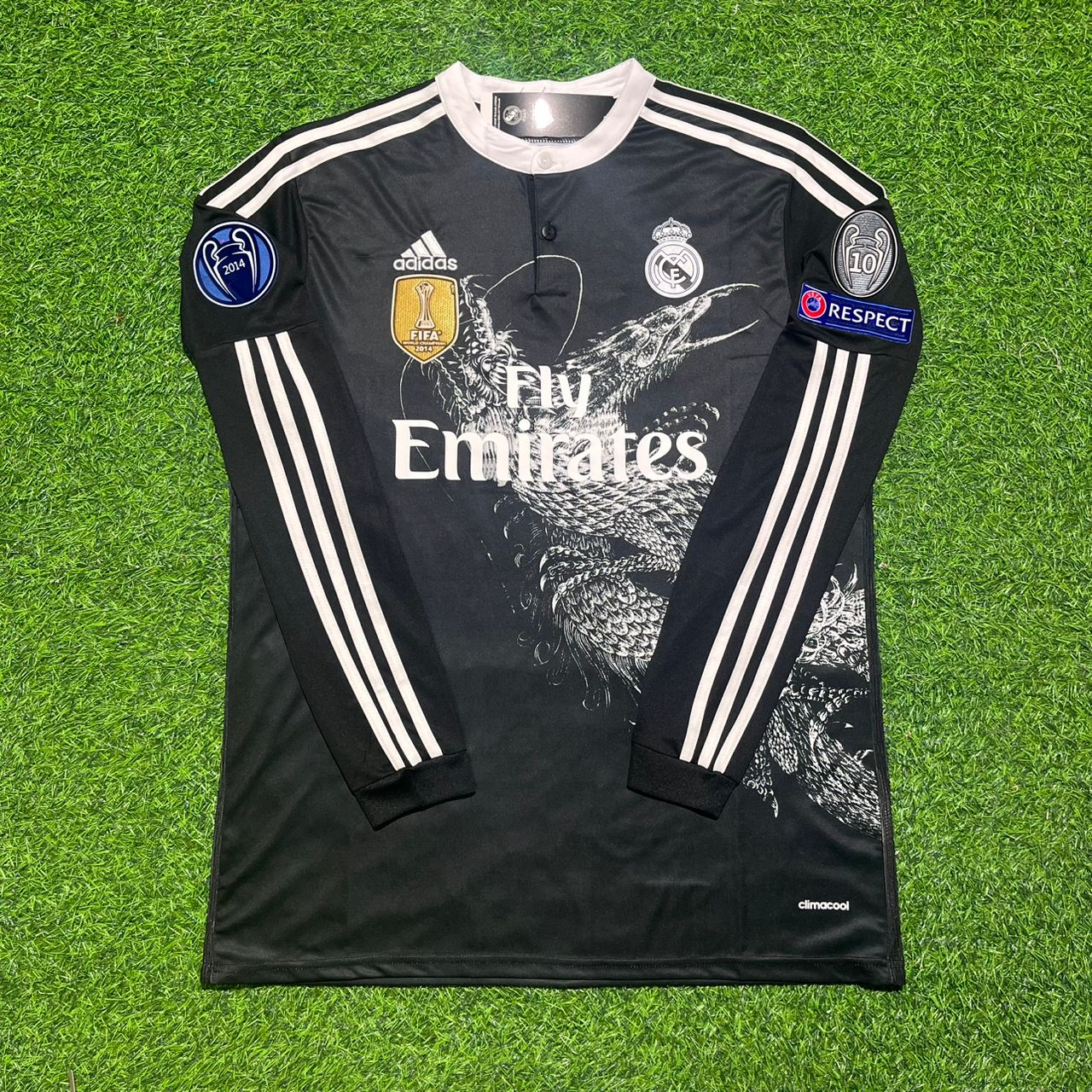 Sergio Ramos 4- Real Madrid 2015 Dragon Black Retro Long Sleeve Jersey Soccer Shirt Trikot