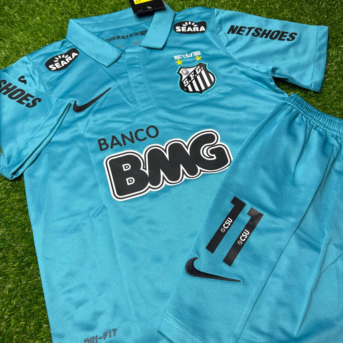 Neymar JR Santos FC 2011 2012 Maillot Rétro Bleu Vert Turquoise Tenue Enfant T-shirt de Football