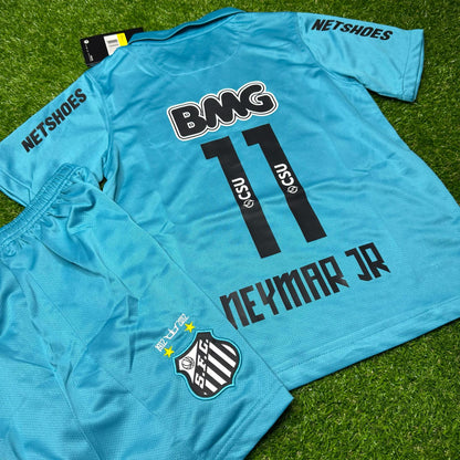 Neymar JR Santos FC 2011 2012 Maillot Rétro Bleu Vert Turquoise Tenue Enfant T-shirt de Football
