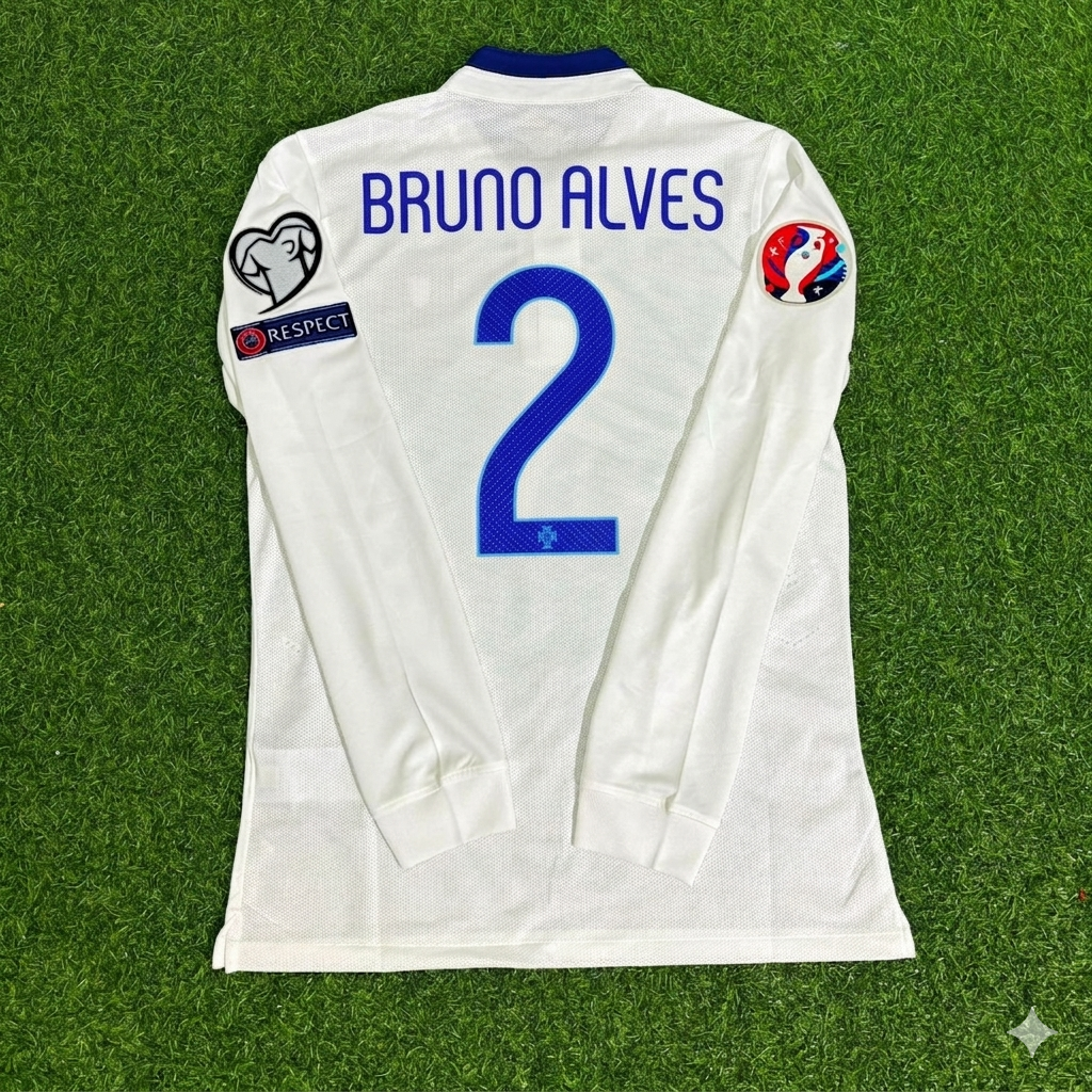 Maillot de football rétro à manches longues blanc du Portugal de Bruno Alves, EURO 2016