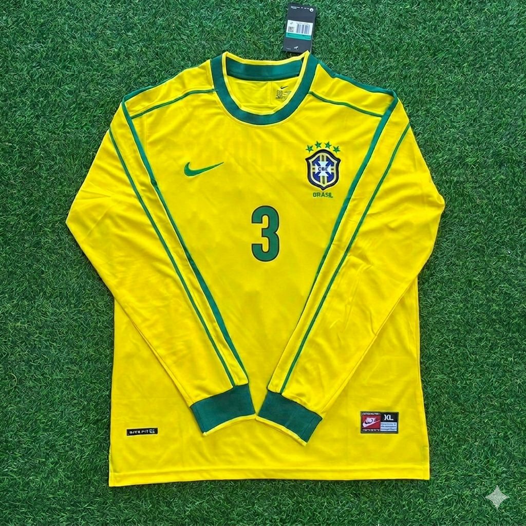 Roberto Carlos #3- Brazil Long Sleeve Retro Football Kit Jersey Trikot Maillot Shirt