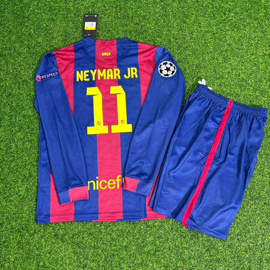 Neymar Jr Barcelona 2015 Champions League Final Long Sleeve Kids Retro Football Jersey Kit
