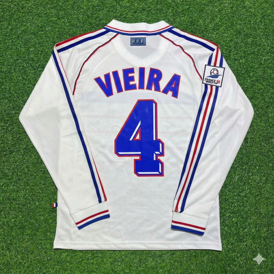 Patrick Vieira #4 France 1998 World Cup White Away Long Sleeve Retro Jersey