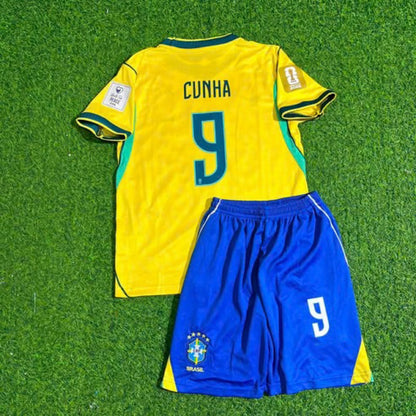 Matheus Cunha #9 Brazil 2026 World Cup Yellow Home Kids Football Jersey