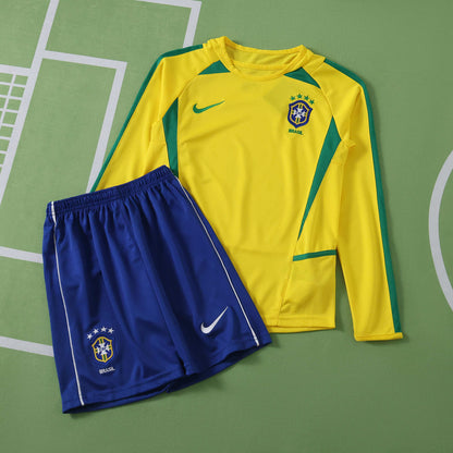 Brazil 2002 Season Retro Home Kids Long Sleeve Football Jersey Trikot Maillot