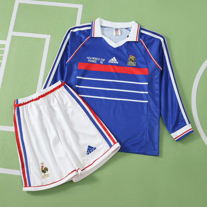 France 1998 Season Retro Home Kids Long Sleeve Football Jersey Trikot Maillot