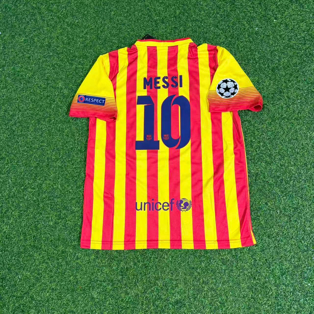 Lionel Messi #10 Barcelona 2013-2014 Kids Yellow Red Retro Football Jersey