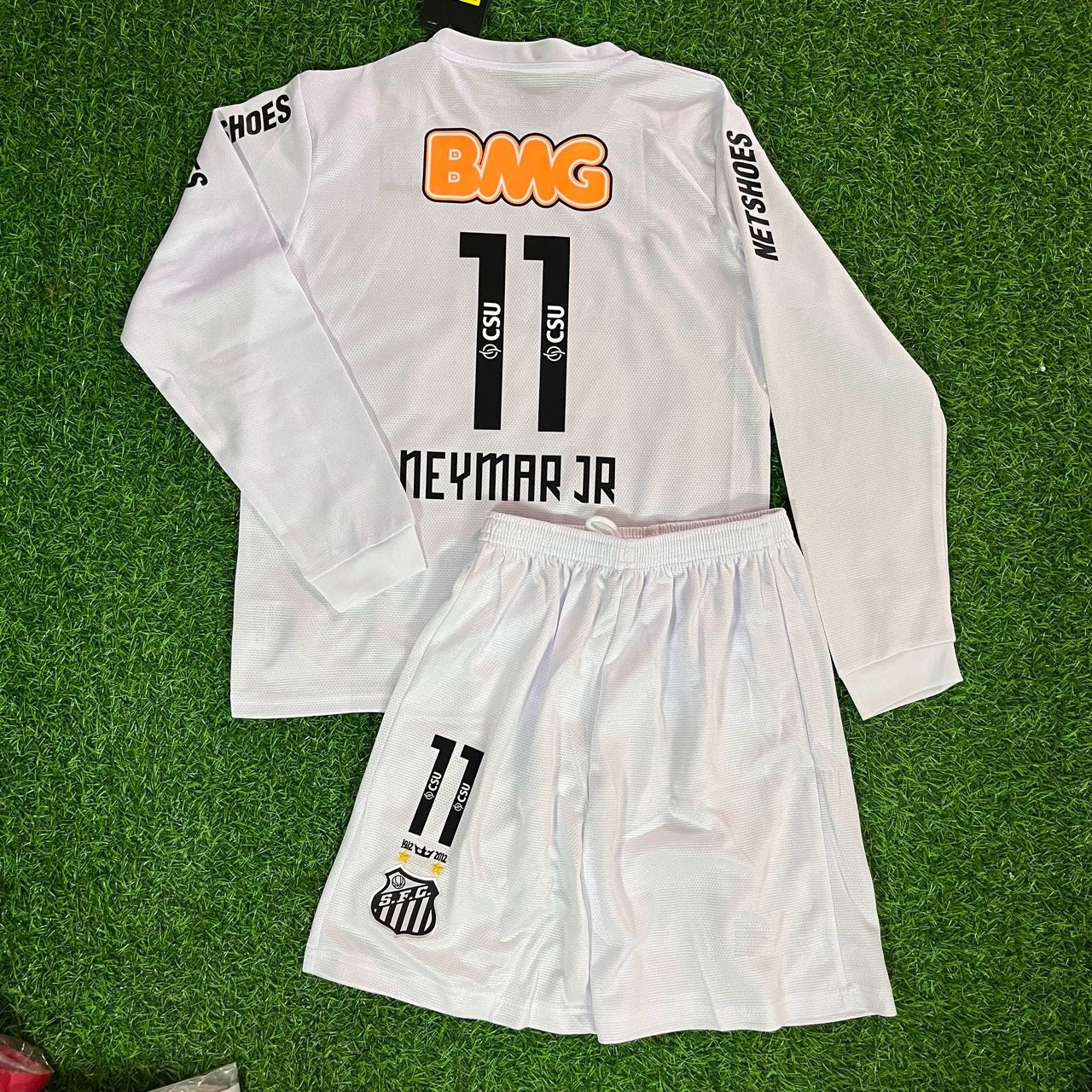 Neymar Jr Santos FC 2013 White Long Sleeve Kids Retro Football Jersey Set Soccer Shirt