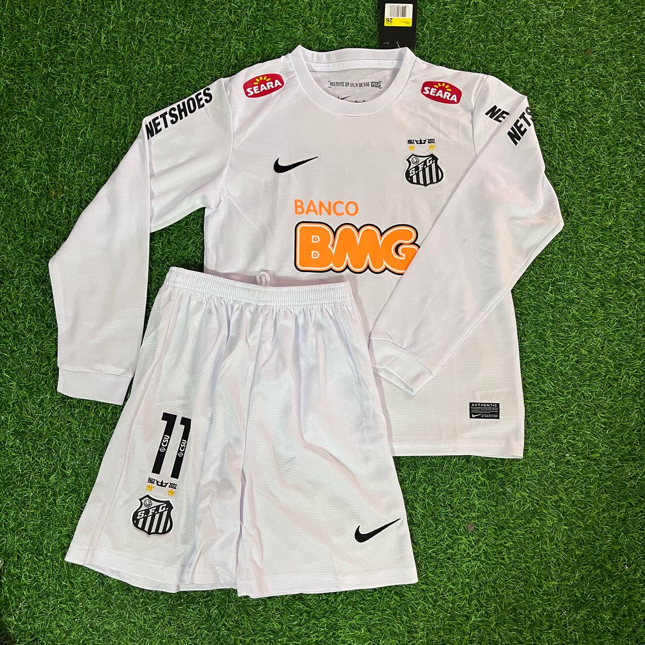 Neymar Jr Santos FC 2013 White Long Sleeve Kids Retro Football Jersey Set Soccer Shirt