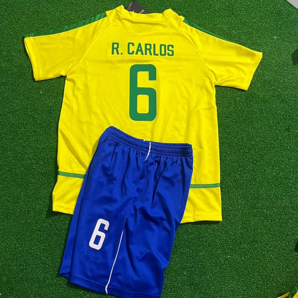 Roberto Carlos Brésil 2002 Coupe du Monde Rétro Kit de Football Enfant Maillot T-shirt de Football