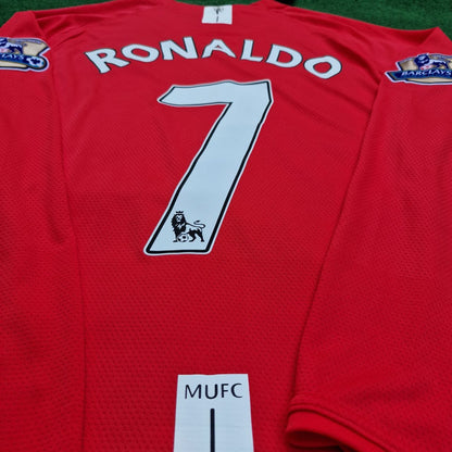 Maillot rétro à manches longues de Cristiano Ronaldo à Manchester United 2008 avec écusson EPL