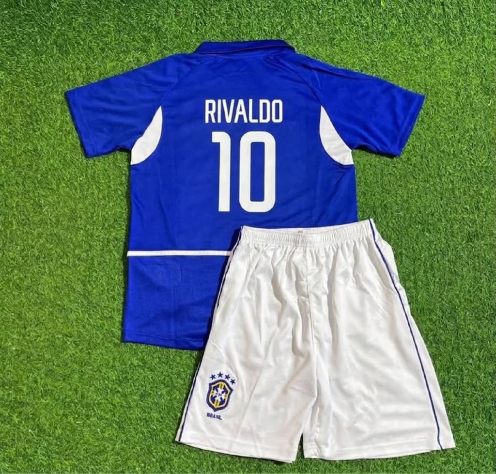 Rivaldo Brazil 2002 Away Kids Kit – Kit Jersey for Children – | KinderTrikot | Maillot Enfant Soccer Shirt