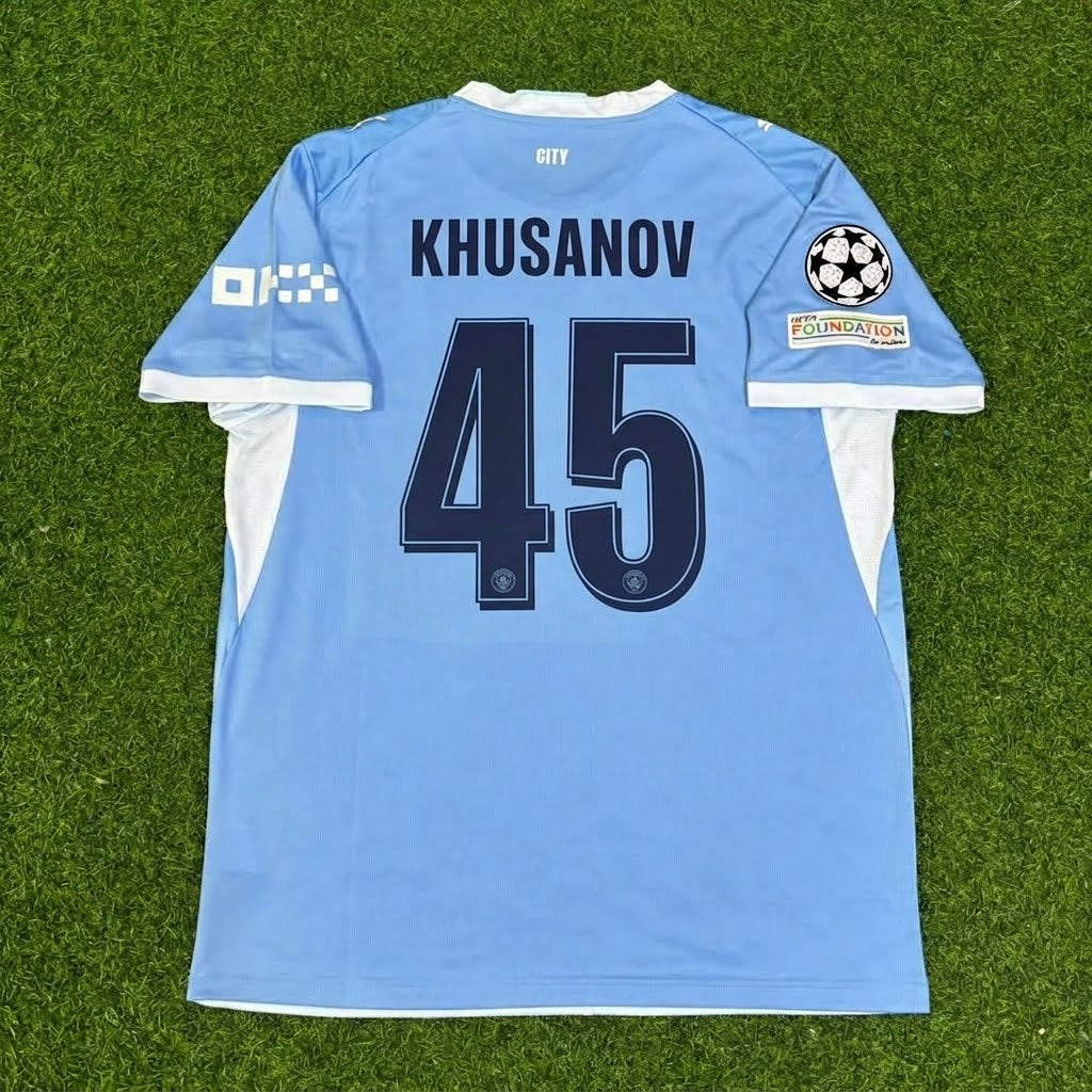 Abdukodir Khusanov #45 Manchester City 2026-27 Heim Neue Saison Champions League Patch Trikot Maillot Fußballtrikot