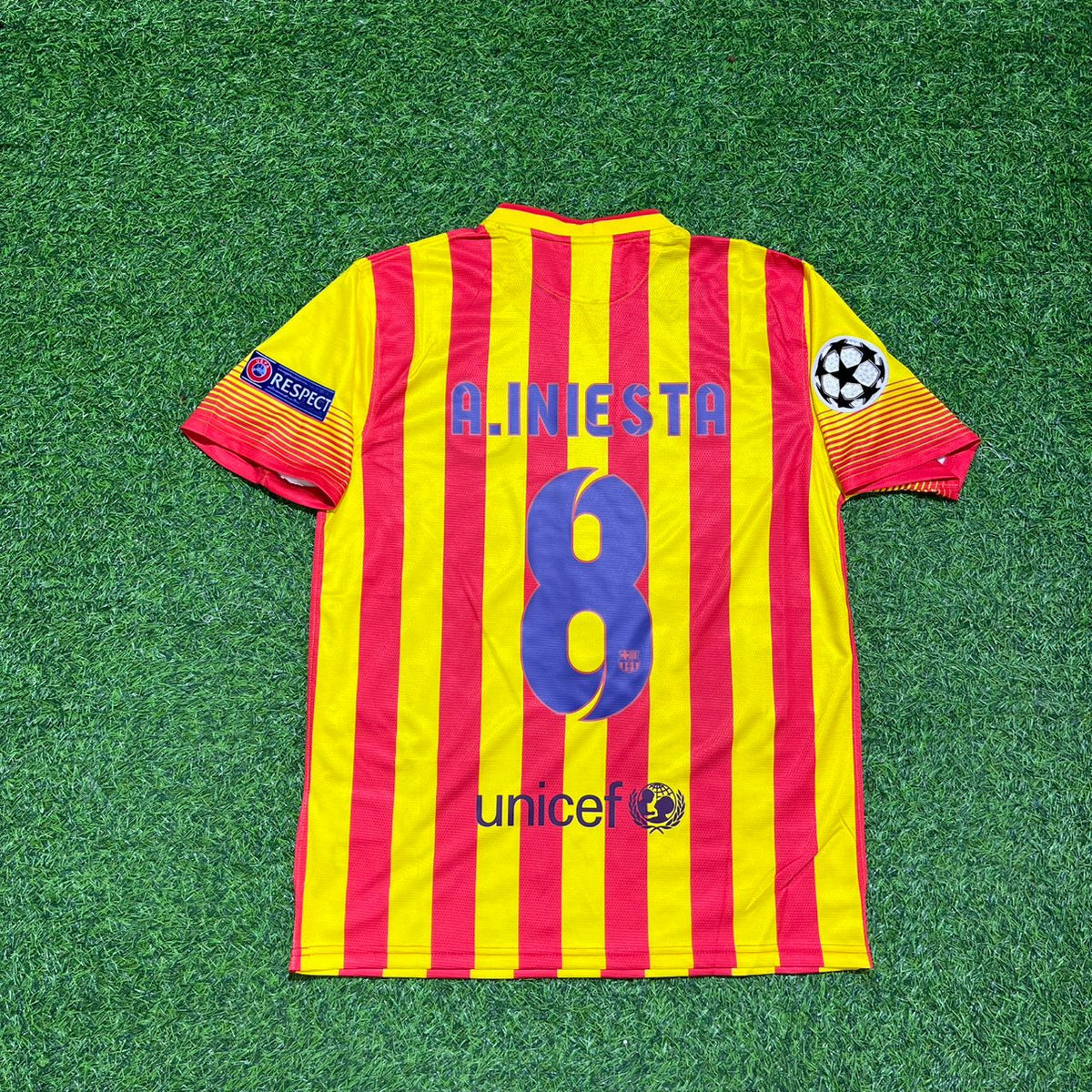 Barcelona 2013/14 Yellow Red Retro Jersey – Andres Iniesta 8