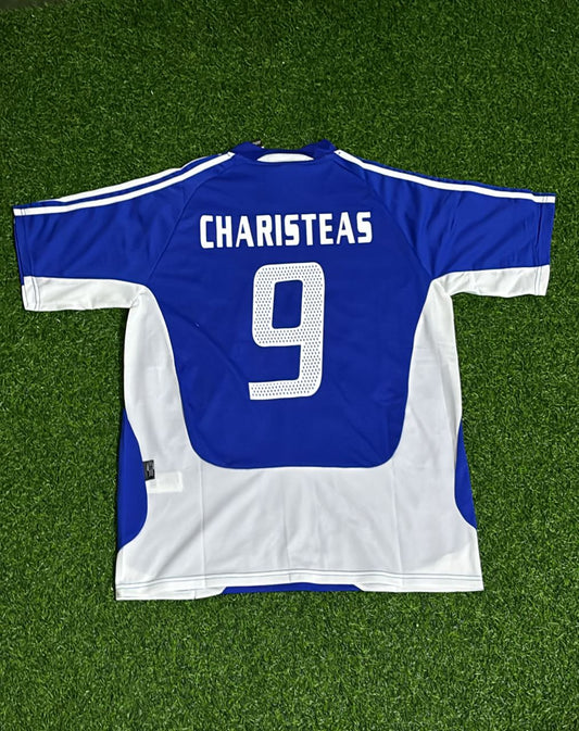 Maillot de football rétro domicile bleu et blanc de la Grèce, Angelos Charisteas, finale de l’Euro 2004