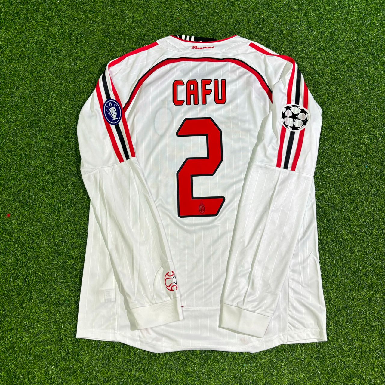 Cafu #2 AC Milan 2007 Champions League Final Away White Long Sleeve Retro Football Jersey
