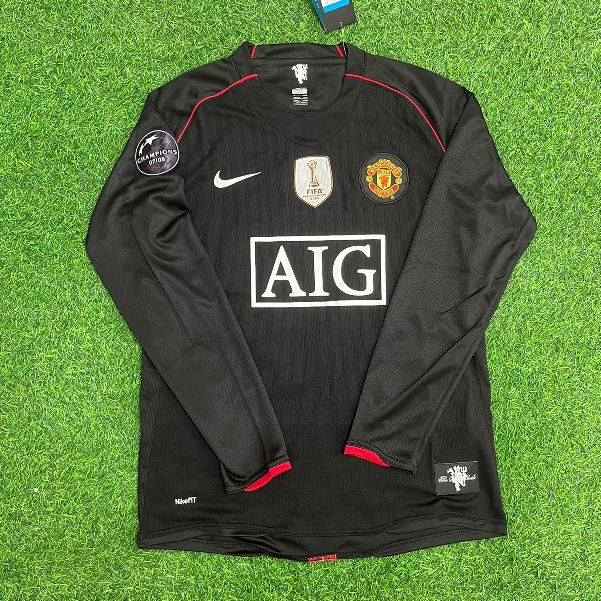 Luis Nani Manchester United 2007/2008 Champions League Patch Schwarzes Retro-Fußballtrikot-Set