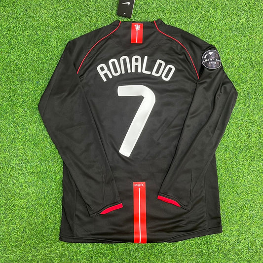 Maillot de football rétro noir Cristiano Ronaldo Manchester United 2007/2008 avec écusson de la Ligue des champions