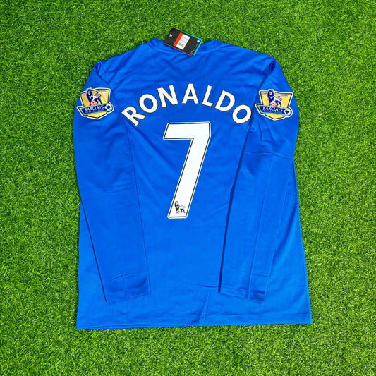 Cristiano Ronaldo Manchester United 2008 Blaues EPL-Patch Retro Langarm-Fußballtrikot