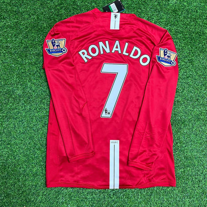 Maillot rétro à manches longues de Cristiano Ronaldo à Manchester United 2008 avec écusson EPL