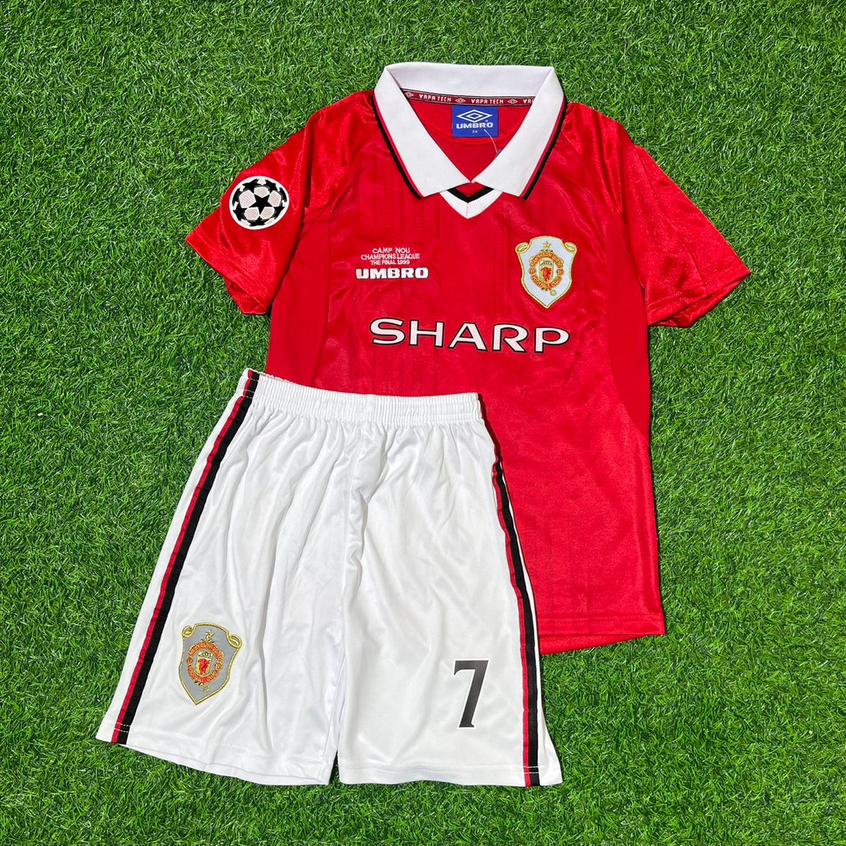David Beckham Manchester United 1999 Champions League Final Retro Kids Football Jersey Kit