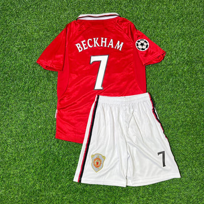 David Beckham Manchester United 1999 Champions League Final Retro Kids Football Jersey Kit