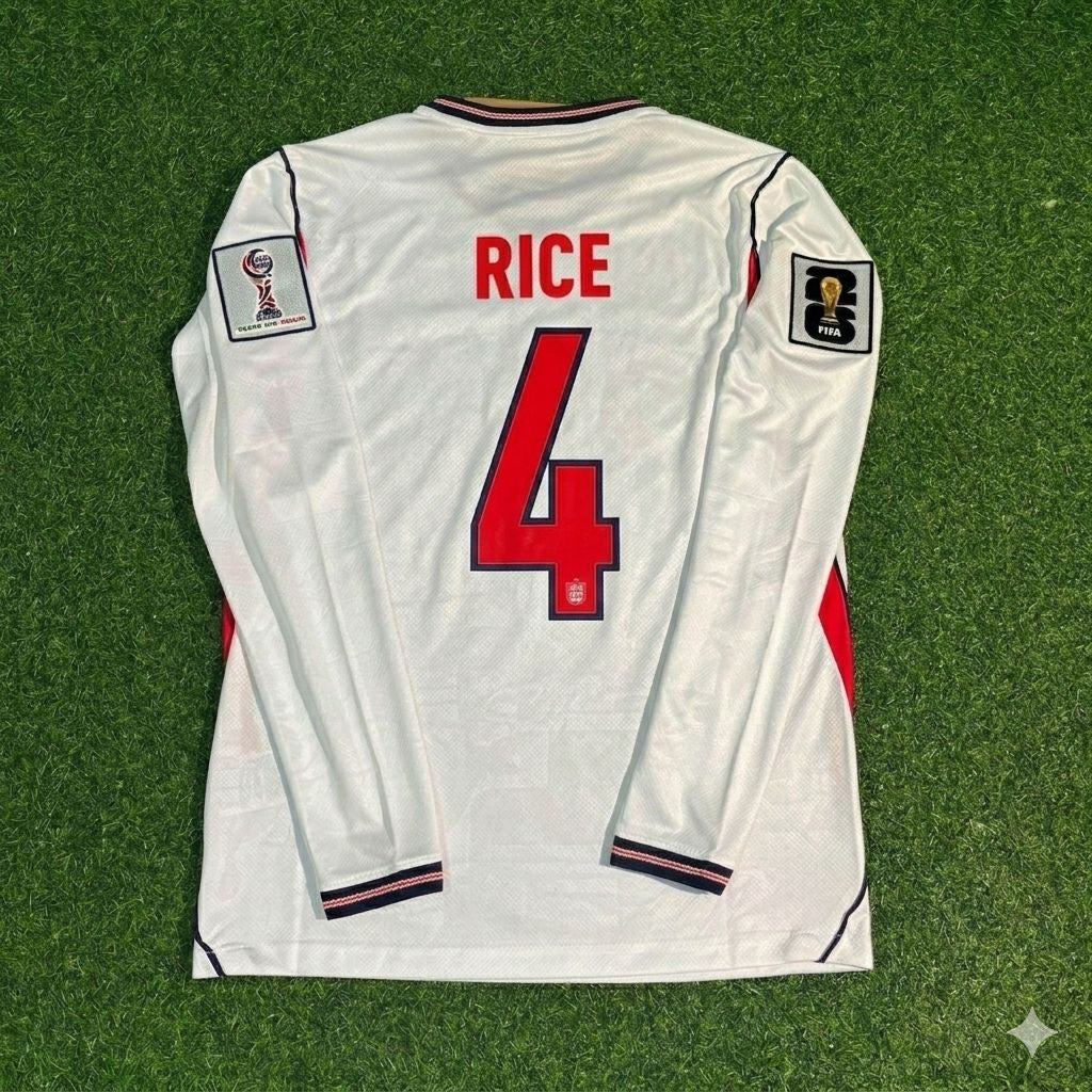 Declan Rice #4 England 2026 World Cup Home White Long Sleeve Jersey