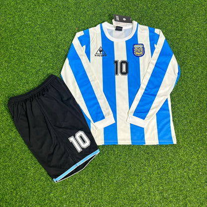 Diego Maradona Argentinien 1986 WM Retro Langarm Kinder Fußballtrikot-Set