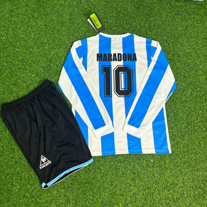 Diego Maradona Argentinien 1986 WM Retro Langarm Kinder Fußballtrikot-Set
