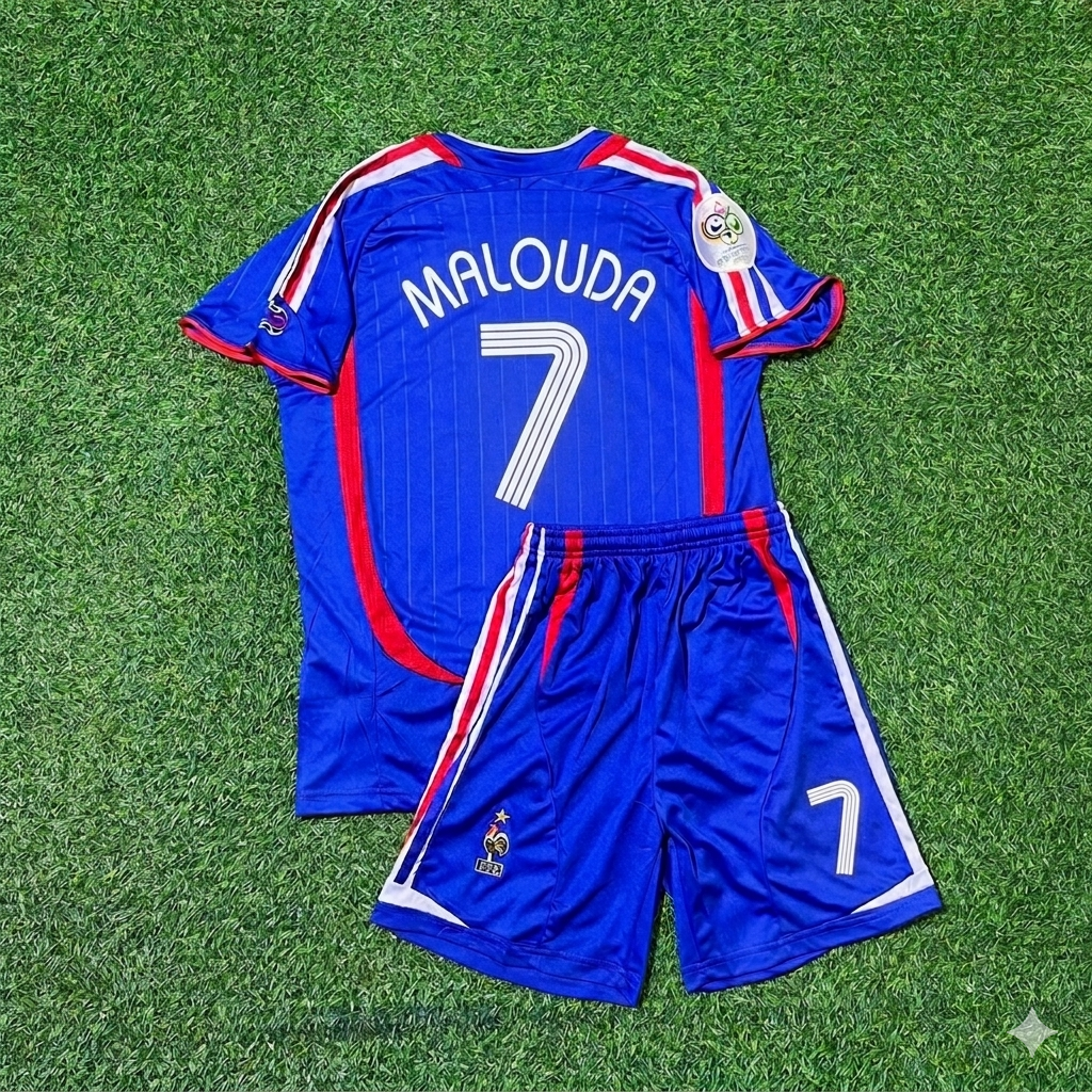 Florent Malouda #7 France 2006 World Cup Kids Blue Retro Football Jersey Kit