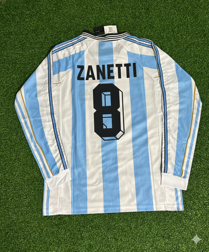 Argentinien 1998 WM weißes Langarm-Retro-Fußballtrikot – Javier Zanetti