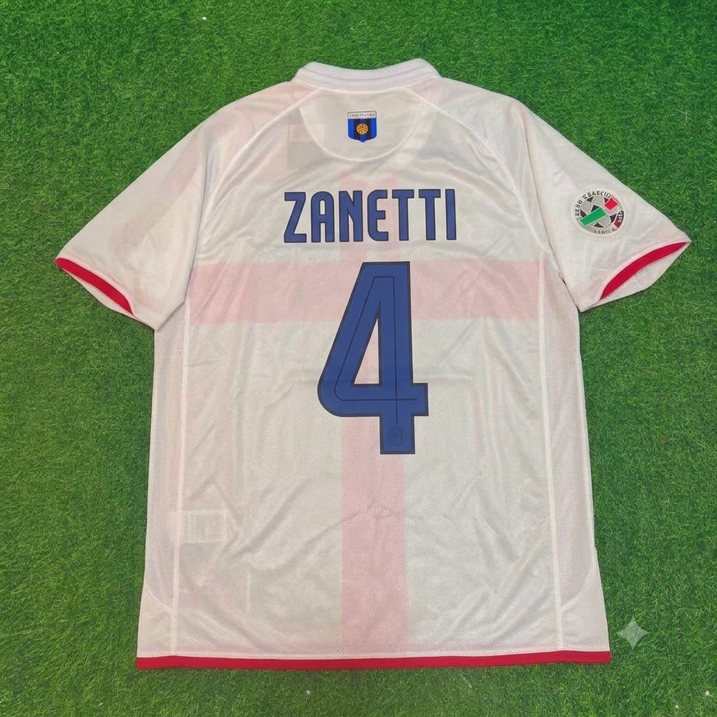 Javier Zanetti #4 Inter 2007-2008 Auswärts Trikot Weiß Rot Retro Trikot Maillot Maglia Fußballtrikot