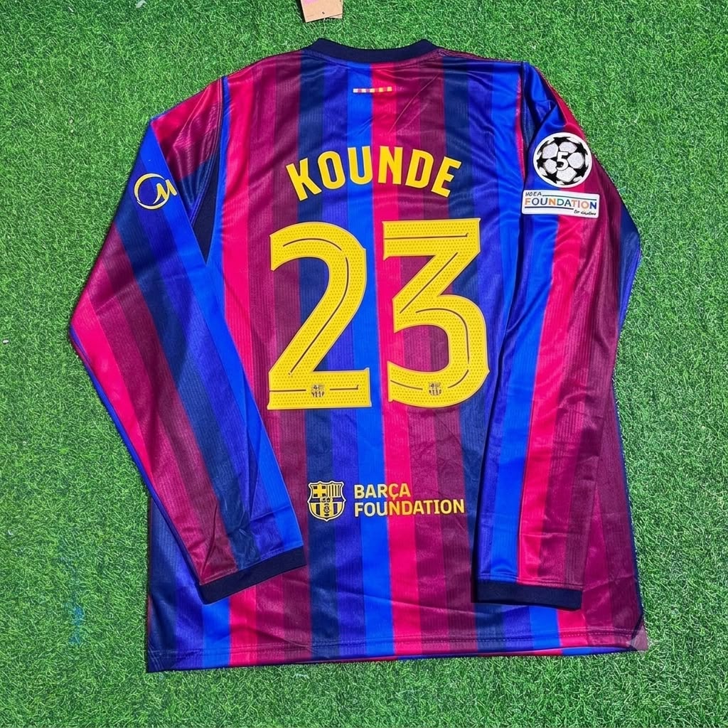 Jules Kounde #23 Barcelone 2027 Nouvelle Saison Ligue des Champions Patch Domicile Manches Longues Maillot Football