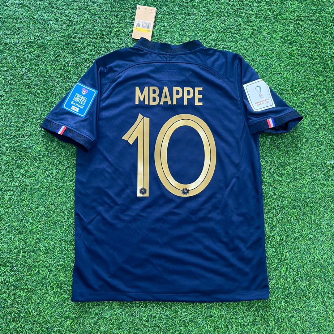 France 2022 retro World Cup Final blue shirt with Mbappé number 10