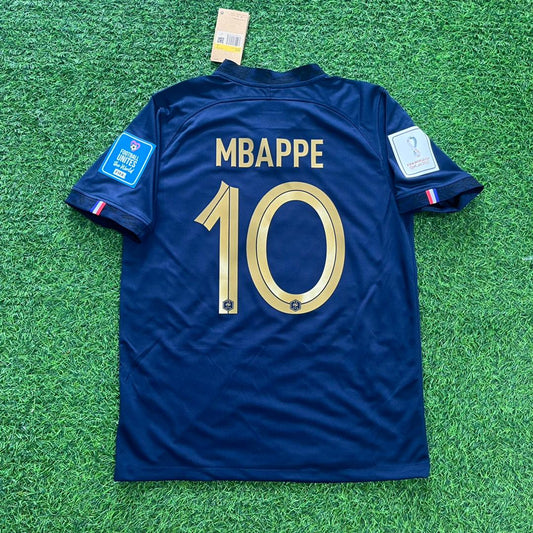 France 2022 retro World Cup Final blue shirt with Mbappé number 10