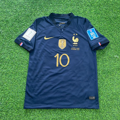 Kylian Mbappé France 2022 World Cup Final retro football jersey front view