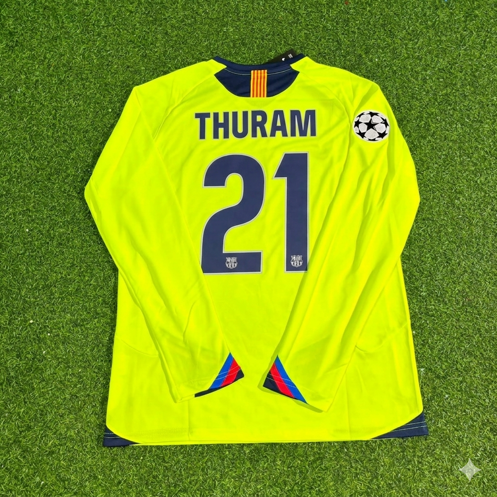 Lilian Thuram Barcelona 2005-2006 Yellow Green Retro Long Sleeve Football Jersey