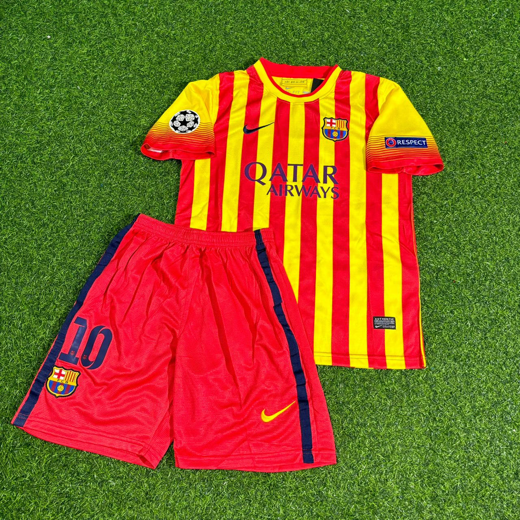 Lionel Messi #10 Barcelona 2013-2014 Kids Yellow Red Retro Football Jersey