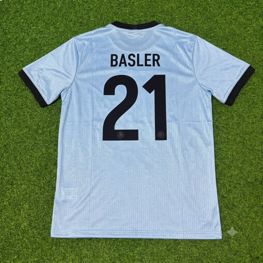 Maillot de football rétro Mario Basler Allemagne 125e anniversaire bleu clair transparent