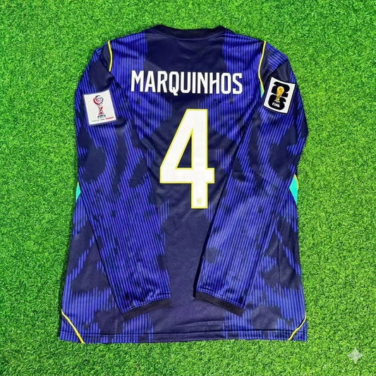 Marquinhos 4# Brasilien 2026 WM Langarm Auswärtstrikot Blau
