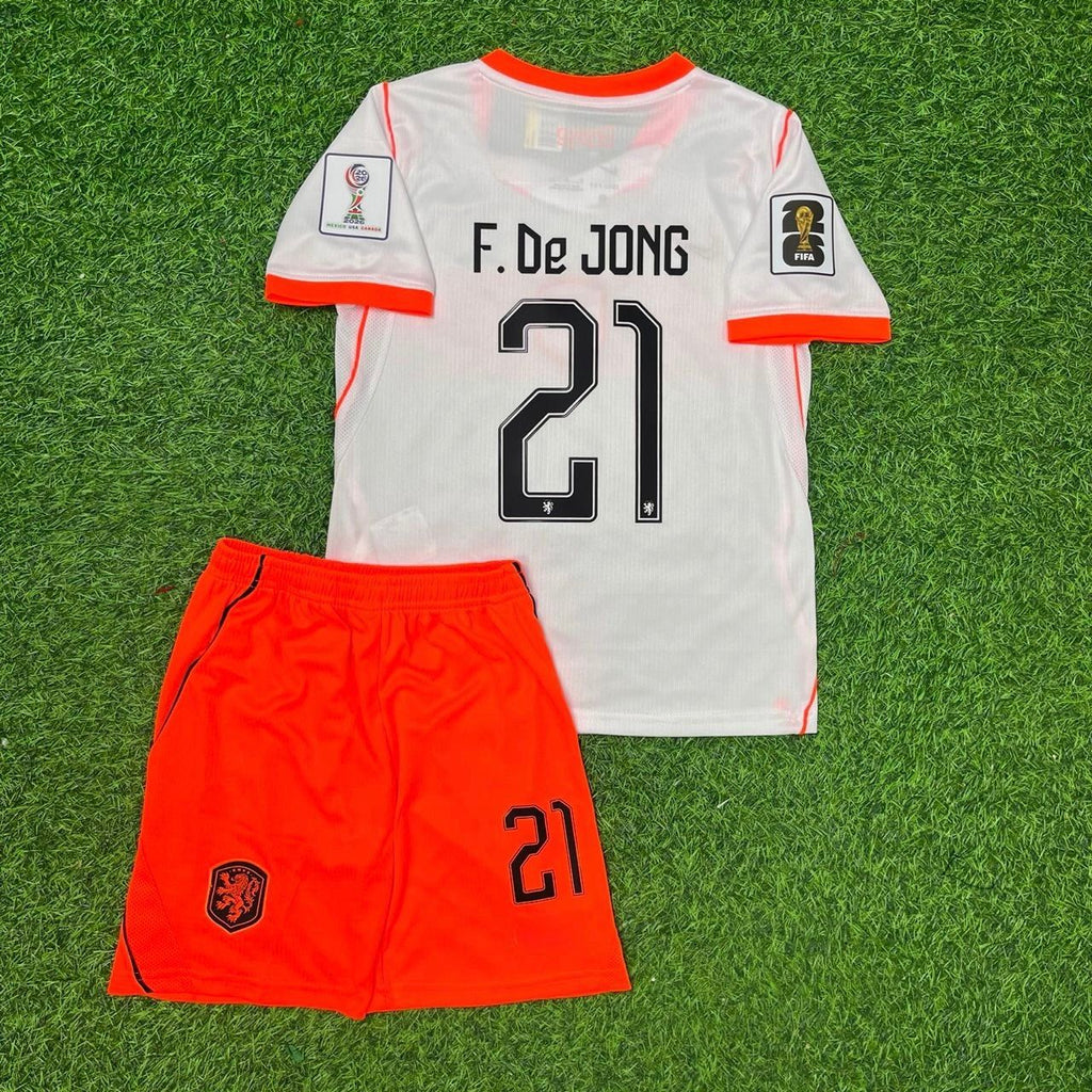 Netherlands 2026 World Cup Frenkie de Jong Away Kids Football Jersey front view