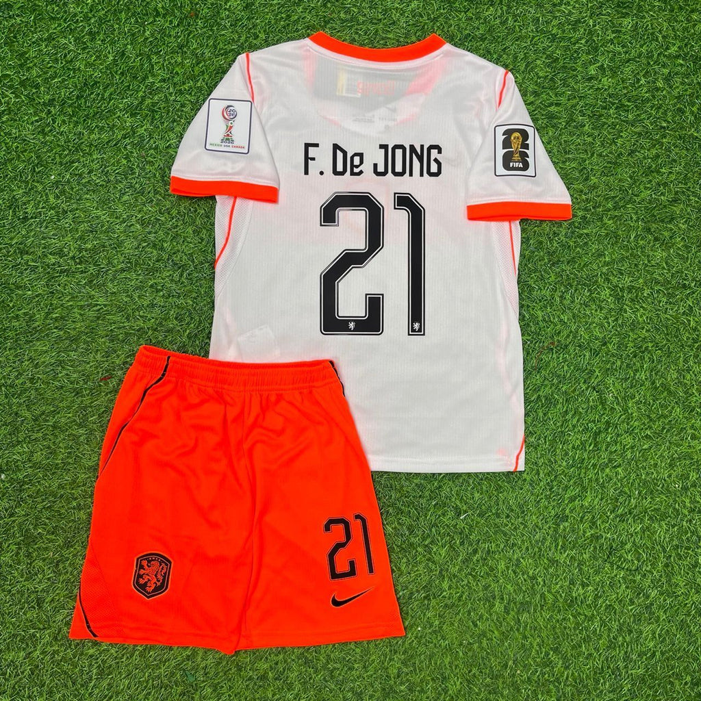 Netherlands 2026 World Cup Frenkie de Jong Away Kids Football Jersey detail view