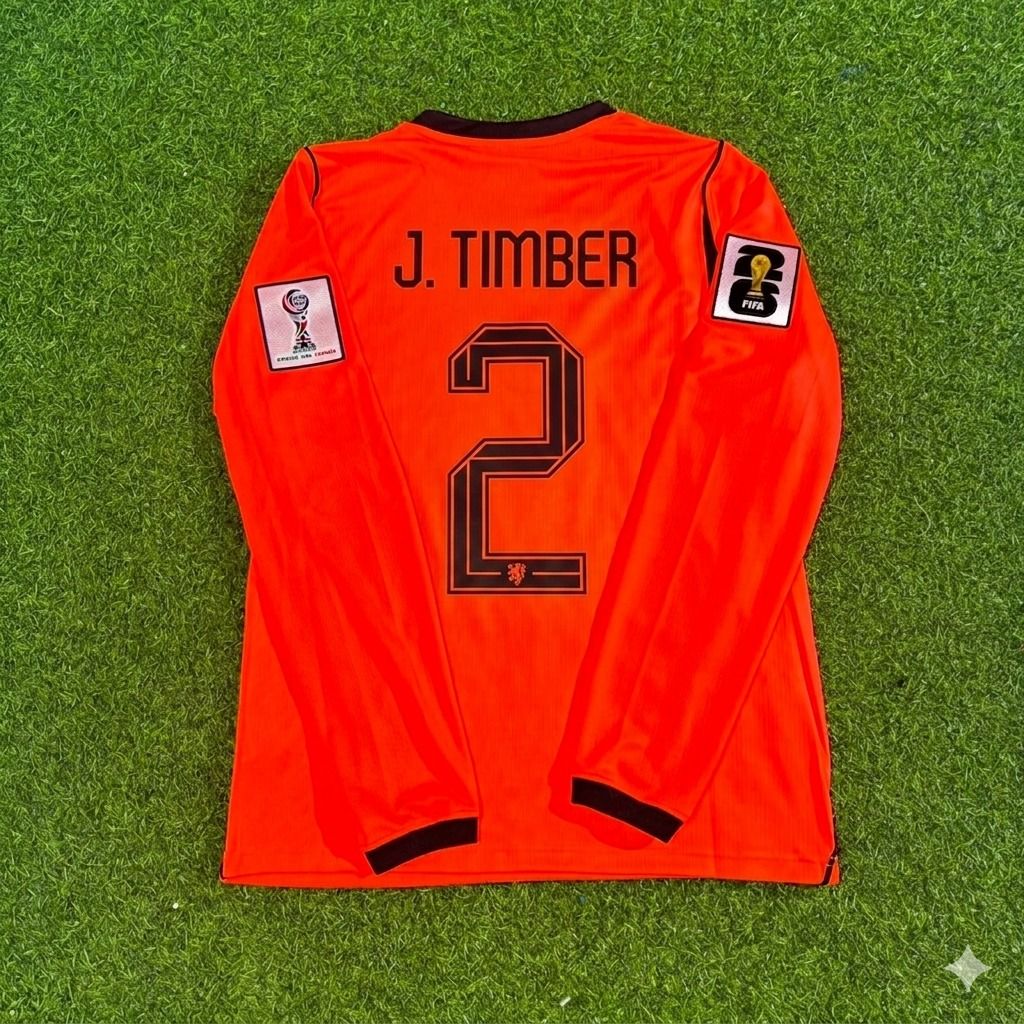 Netherlands 2026 World Cup Jurriën Timber #2 Home Long Sleeve Football Jersey front view