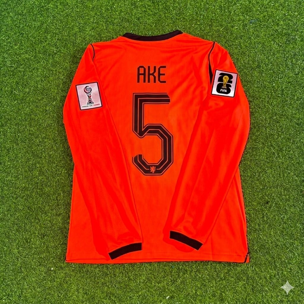 Netherlands 2026 World Cup Nathan Aké #5 Home Long Sleeve Football Jersey front view