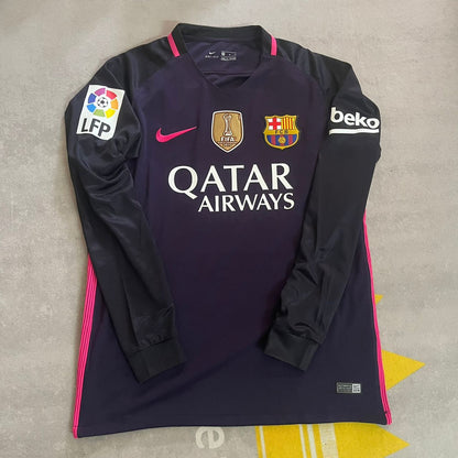 Maillot rétro à manches longues du FC Barcelone 2014/15 rose à imprimé – Andres Iniesta